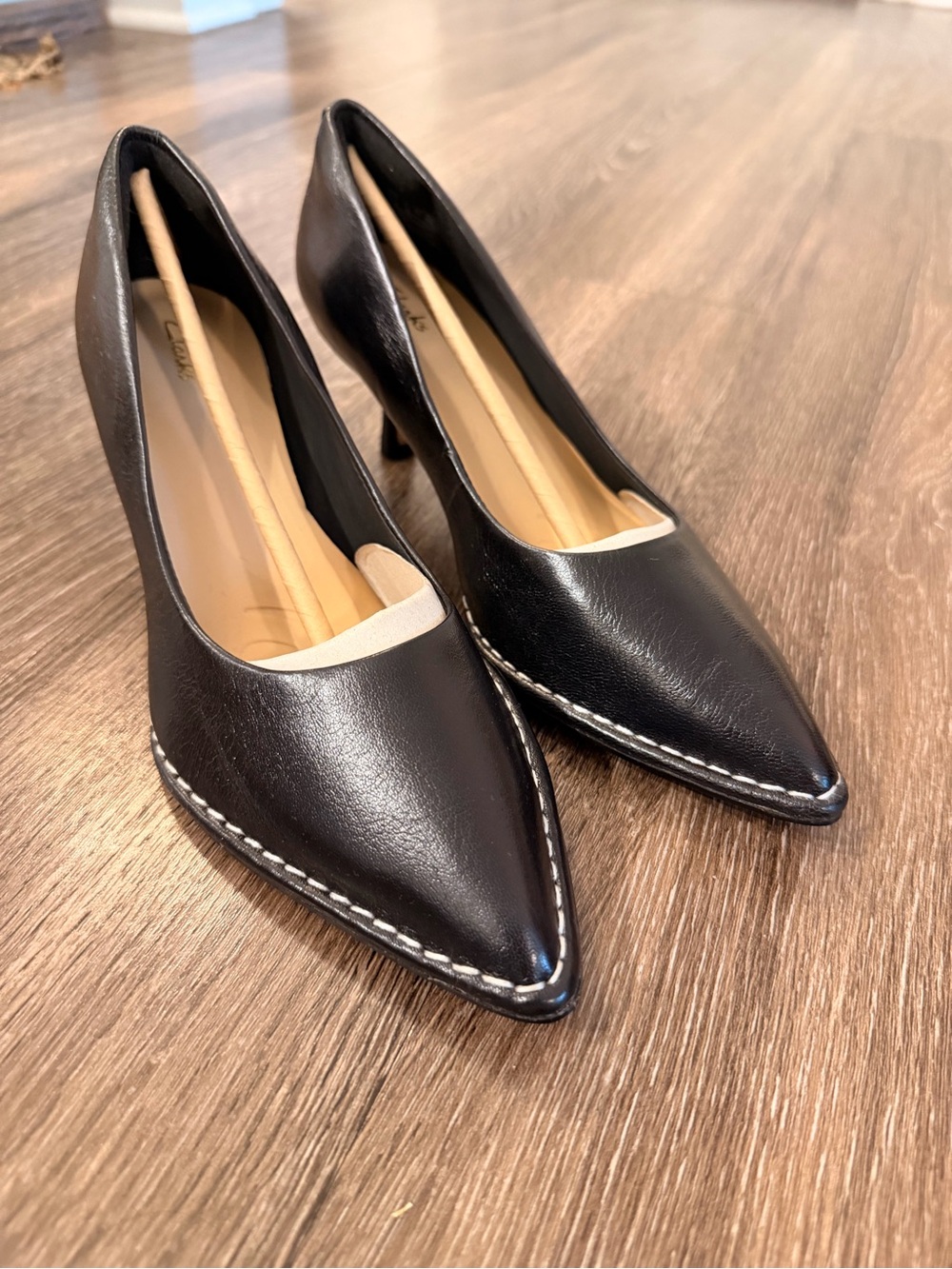 Clarks Black Pointed Leather Pumps with White Stitch Detail